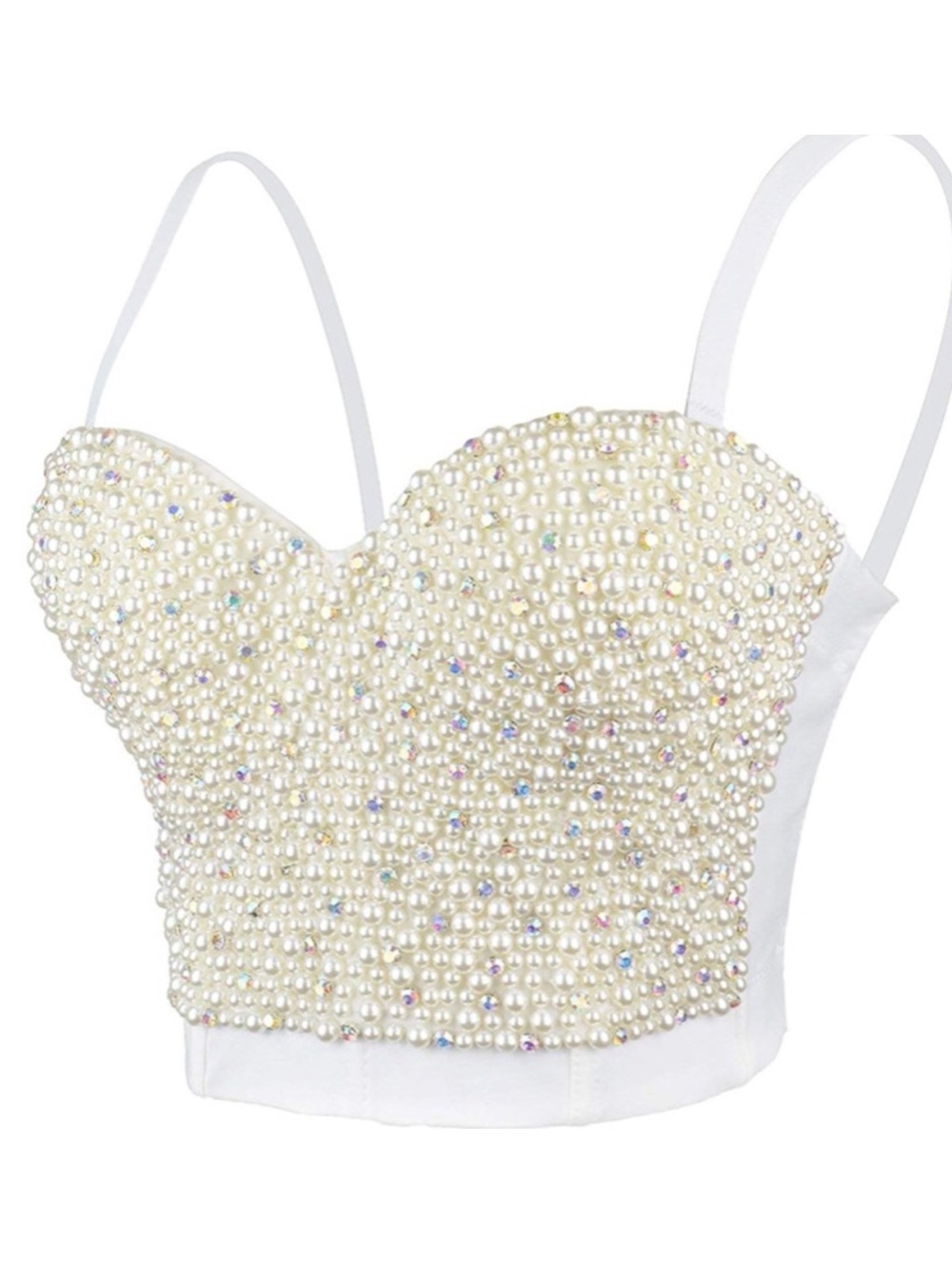 Women’s Pearl Beaded 38 L/XL White Pearl Rhinestone Bustier Corset Bra Crop Top